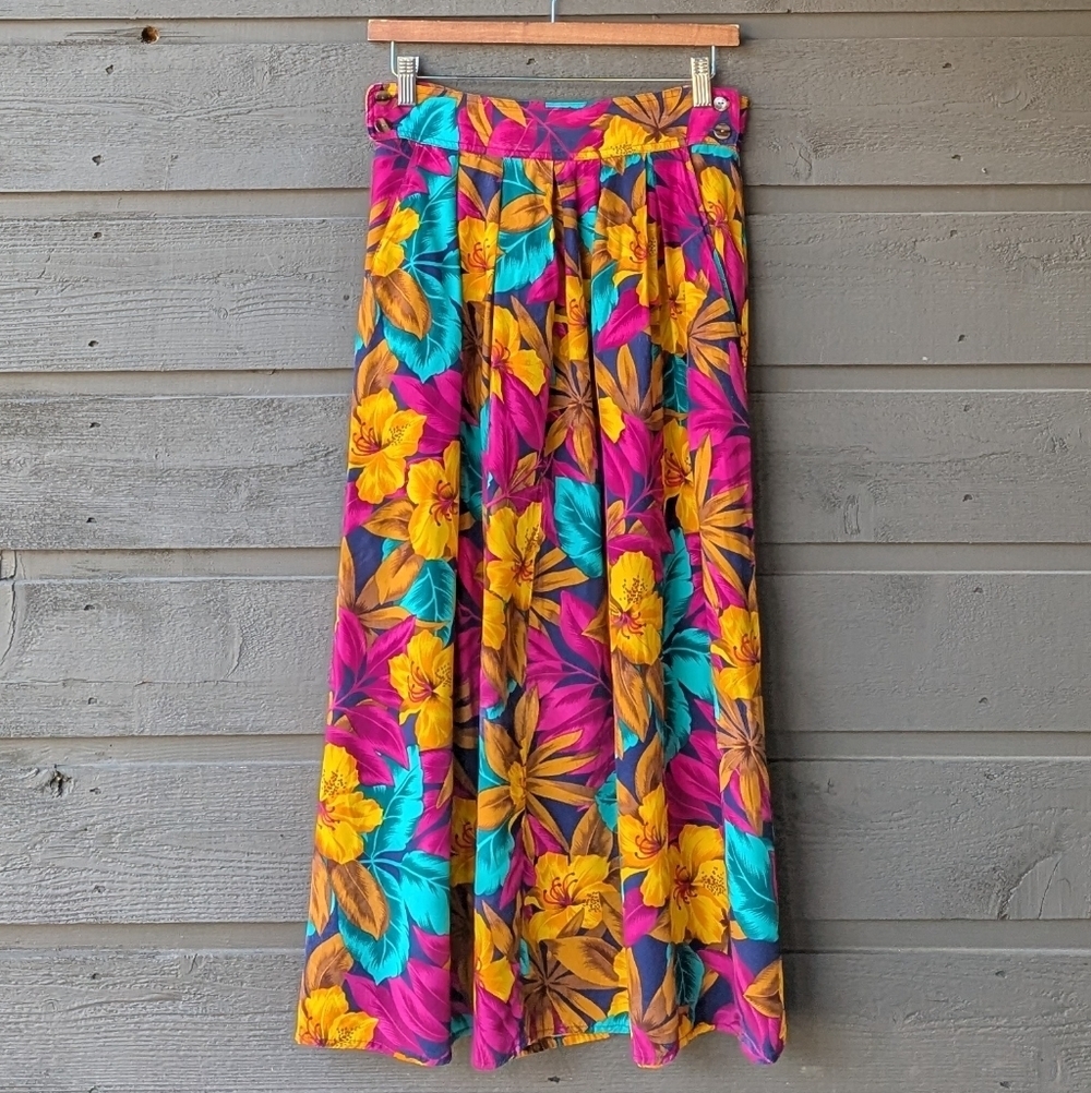 VTG 80s SK & Company 100% Rayon Pleated Bright Floral Maxi Skirt Size 10